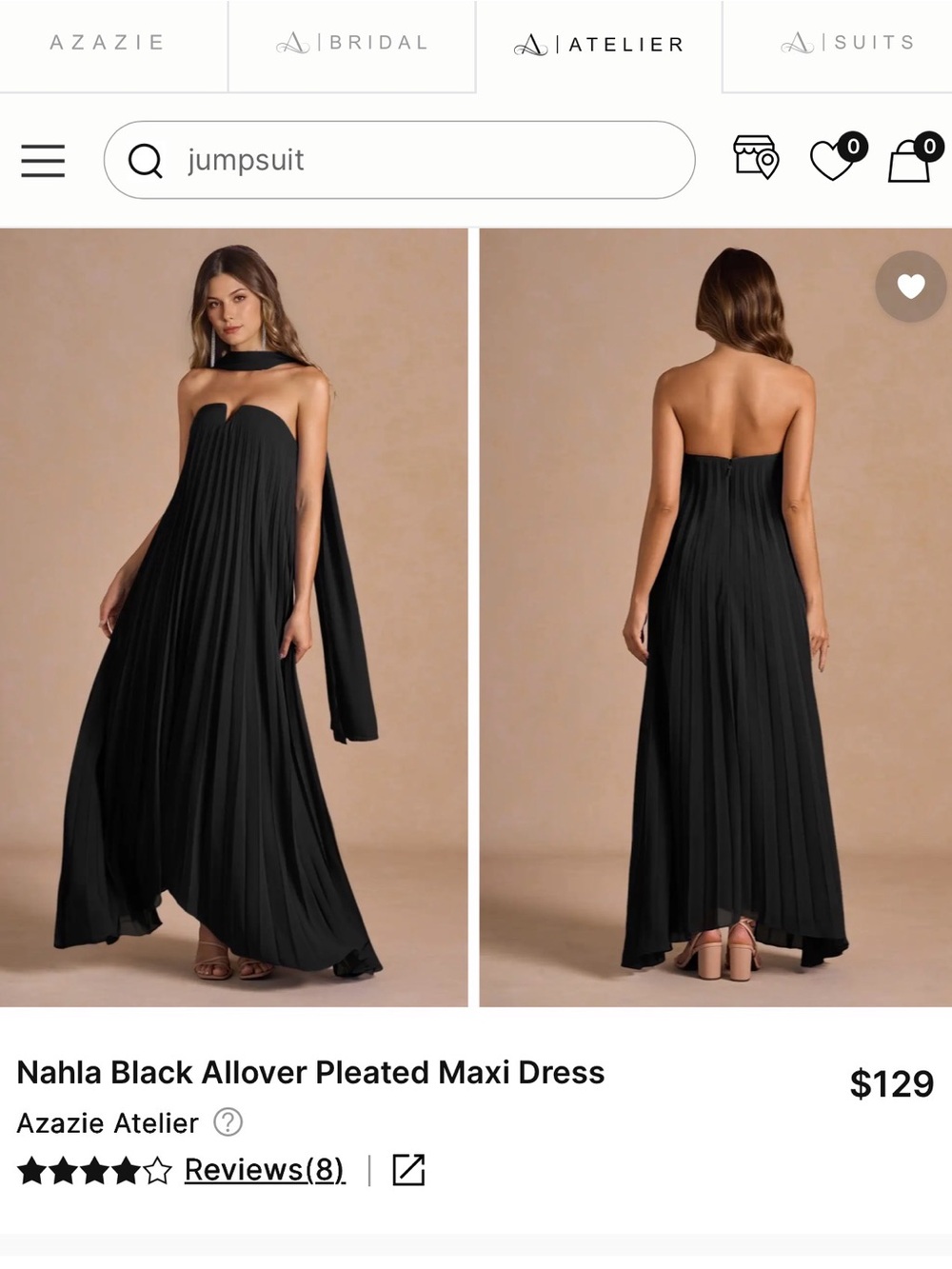 Azazie Black Strapless Pleated Maxi Gown with Scarf